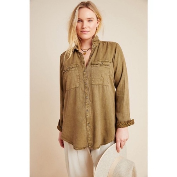 Anthro Pilcro Olive Cargo Pocket Buttondown Shirt Top - Picture 4 of 13
